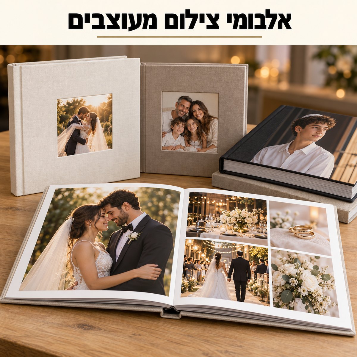 אלבומי צילום מעוצבים עם כריכת בד, ואלבום פתוח עם תמונות חתונה