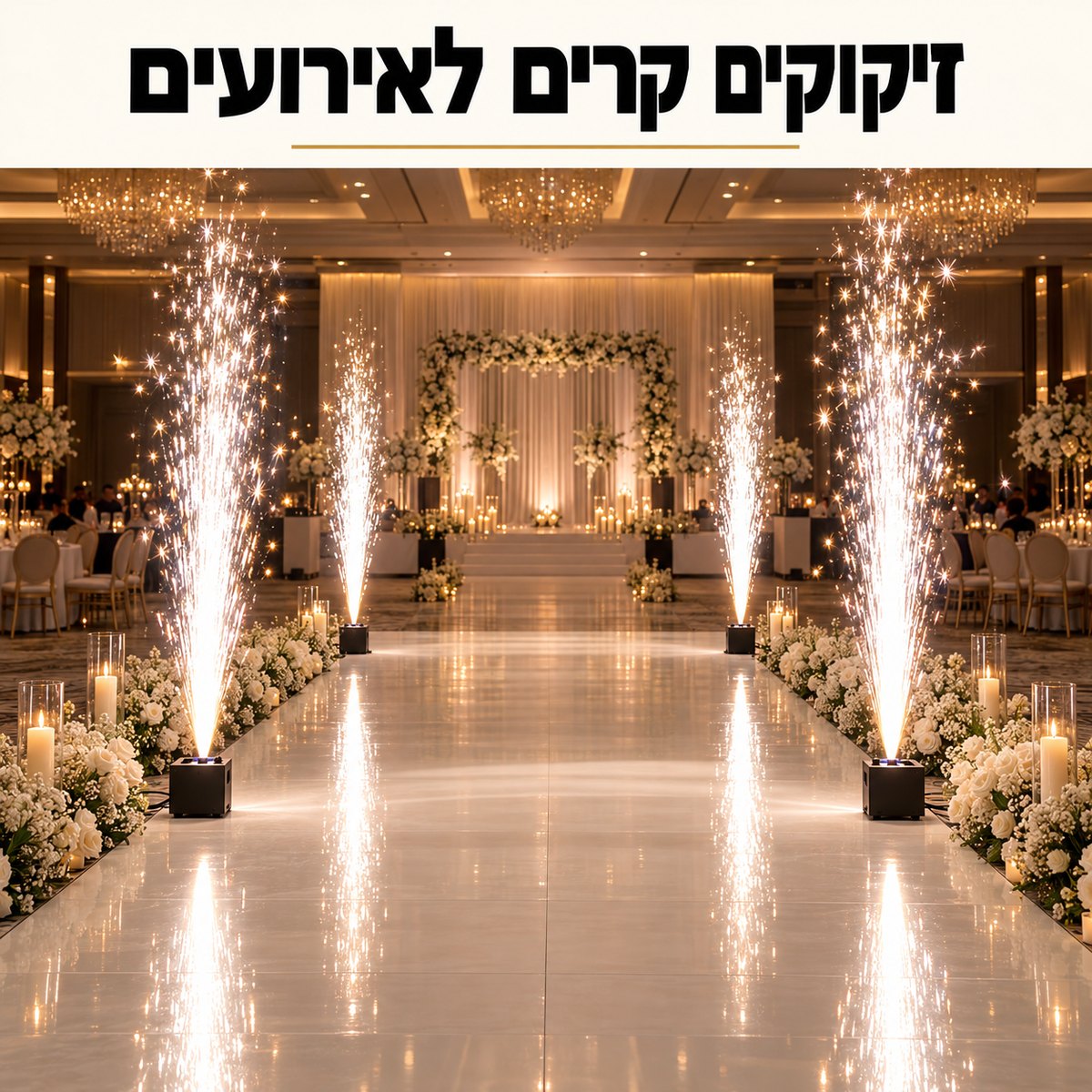 ארבע מזרקות זיקוקים קרים לאורך מעבר לבן באולם אירועים