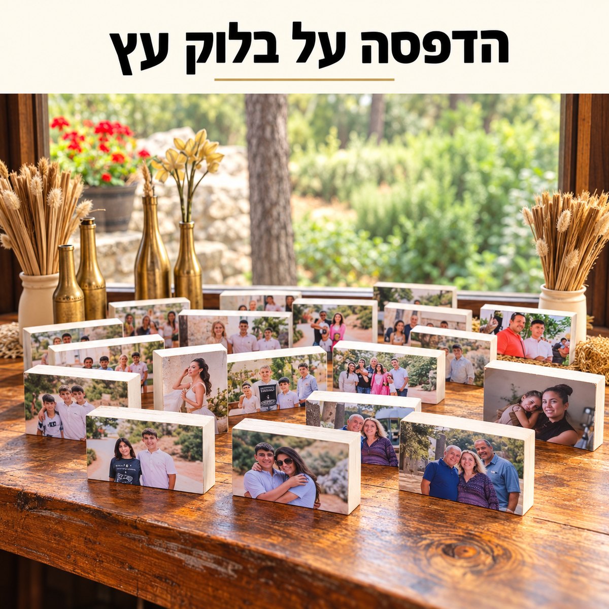 הדפסה על בלוקי עץ של תמונות משפחה על שולחן עץ